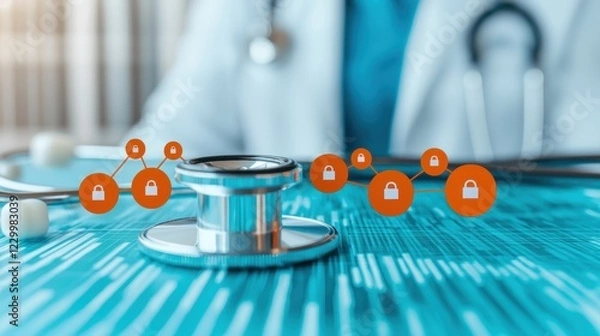 Obraz Secure Health Data Concept with Stethoscope and Lock Icons