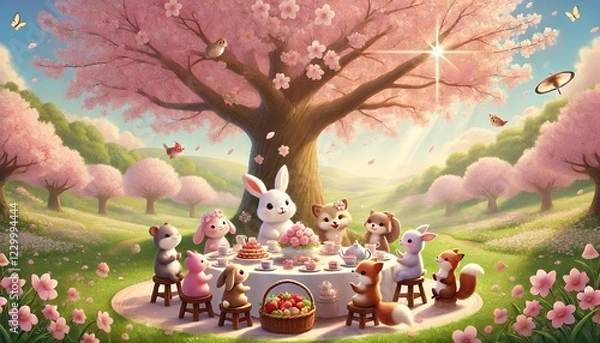 Fototapeta A whimsical scene of animals enjoying a tea party under a large cherry blossom tree in full bloom