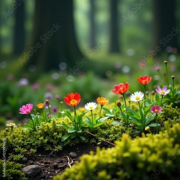 Fototapeta A colorful patch of wildflowers growing through moss and ferns, coniferous forests, flowering pines, nature scenes