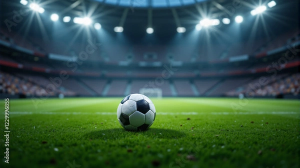 Fototapeta A vibrant soccer ball resting on lush green grass under stadium lights, ready for action.