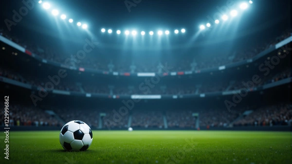 Fototapeta A vibrant soccer ball rests on a lush green field, illuminated by stadium lights.