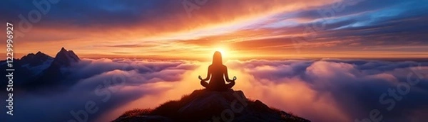 Fototapeta A serene figure meditates atop a mountain, surrounded by clouds, as the sun rises, casting warm hues across the sky.