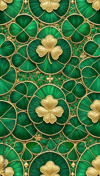 Fototapeta Abstract emerald green mosaic of shamrocks and gold details, glowing softly, perfect for St. Patrick’s Day designs.