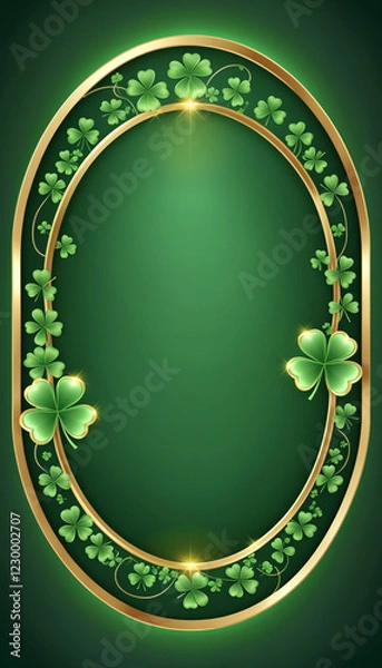 Fototapeta A decorative oval frame with golden borders and green shamrocks on a dark green background. The glowing accents add a festive and luxurious touch, perfect for St. Patrick's Day designs.