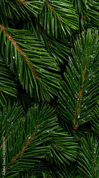 Fototapeta Lush green pine branches, close-up, nature background, holiday card