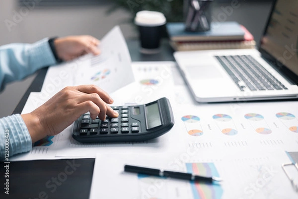 Obraz Finance bank tax expense accounting budget money businessman hand use calculator Financial calculate accountant close up calculator with graph chart write office desk Business expense analysis saving