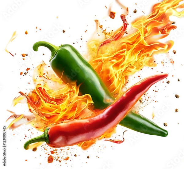 Fototapeta Hot  green and red pepper on fire. a mockup for design