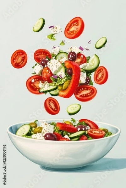 Fototapeta A fresh salad in a white bowl with vividly colored tomatoes and cucumbers, suggesting a healthy, refreshing meal.