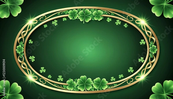 Fototapeta A decorative oval frame with golden borders and green shamrocks on a dark green background. The glowing accents add a festive and luxurious touch, perfect for St. Patrick's Day designs.