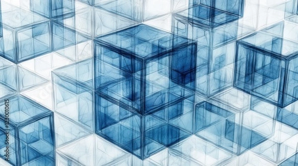 Fototapeta Abstract Blue 3D Cubes Composition with Transparency and Depth in a Digital Art Style