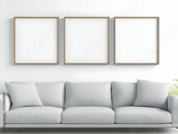Fototapeta Grey sofa, three frames, modern room, interior design mock-up