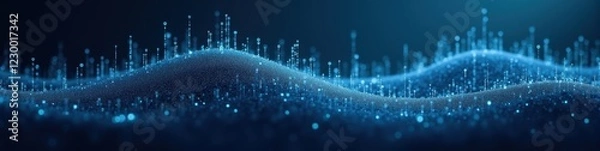 Fototapeta Abstract wave of numeric data points in deep blue background with soft glow, visualization of digital concepts. Futuristic Technology LinkedIn Banner