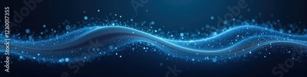 Fototapeta Wave of digital data points flowing smoothly against a deep blue background, representation of futuristic technology concept. Futuristic Technology LinkedIn Banner