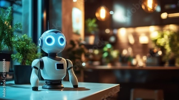 Fototapeta Friendly Robot Companion in Modern Kitchen Environment with Soft Lighting and Indoor Plants for Home Decor