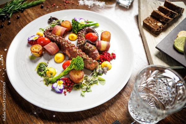 Fototapeta Octopus tentacles with cherry tomatoes, broccoli, and edible flowers. Accompanied by roasted potatoes, yellow sauce, and microgreens. Sophisticated seafood dish in a gourmet restaurant