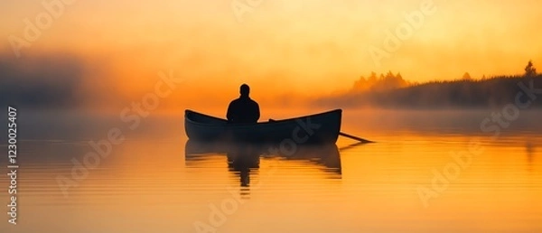 Fototapeta Person in a rowboat silhouetted against a misty lake at dawn