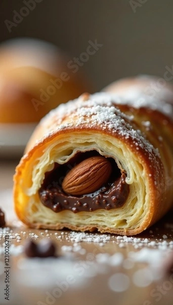 Fototapeta Flaky pastry with rich chocolate and crunchy almond filling in a single bite, chocolate, closeup, creamy