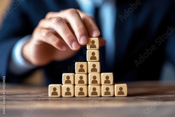 Fototapeta Stacked wooden blocks representing team hierarchy with silhouettes on each block, demonstrating teamwork and organizational structure in a professional setting