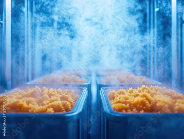 Fototapeta Steam rises from containers filled with pasta in factory setting, showcasing automated food processing