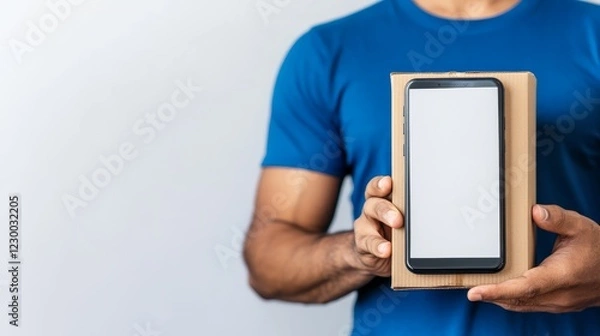 Fototapeta Person holding a smartphone box in a plain background, showcasing a new device for potential buyers