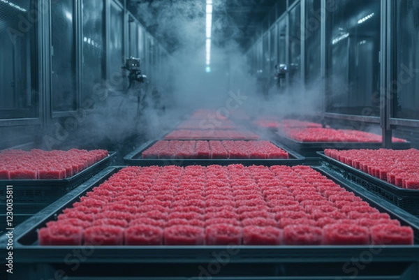Obraz Automated food production with trays of ready to eat meals in misty environment