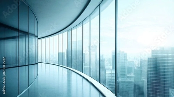 Fototapeta Modern glass office space, sleek curved architecture, soft blue tones, minimalistic design, perfect for creative brainstorming.