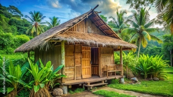 Fototapeta Traditional Southeast Asian home in a rustic setting with a wooden door and overhanging roofline, surrounded by lush greenery , vintage nipa hut, rural landscape