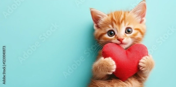 Fototapeta Adorable ginger kitten holding a red heart-shaped pillow against a turquoise background, radiating charm and love. Perfect for Valentine’s Day, pet-themed promotions, or cute design elements
