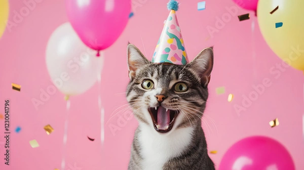 Fototapeta Happy, smiling cat in a birthday hat, celebrating with confetti and balloons on a pink background