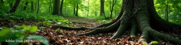 Fototapeta Large black walnut tree roots visible through forest floor, kent county, wild growth, rock hall