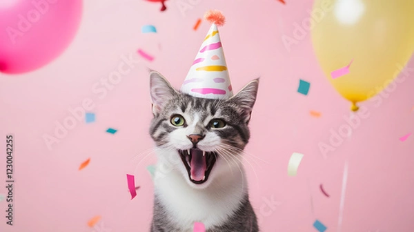 Fototapeta Happy, smiling cat in a birthday hat, celebrating with confetti and balloons on a pink background