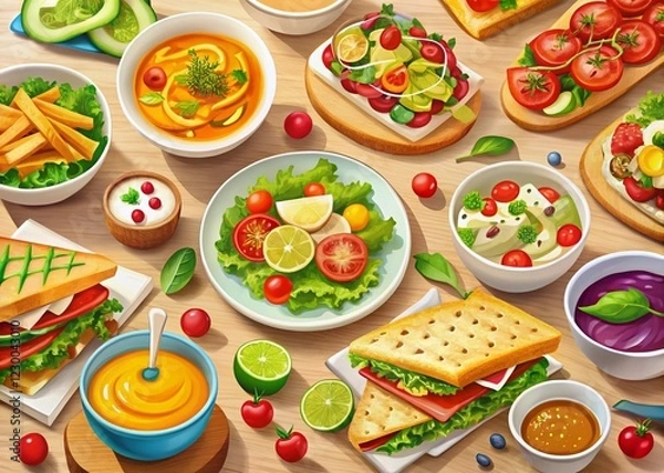 Fototapeta Colorful Lunch Food Icons:  Delicious Sandwiches, Salads, & More! Perfect for Restaurant Menus & Websites.