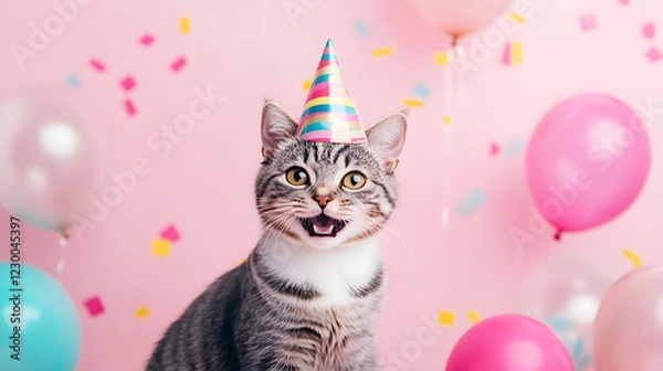 Fototapeta Happy, smiling cat in a birthday hat, celebrating with confetti and balloons on a pink background