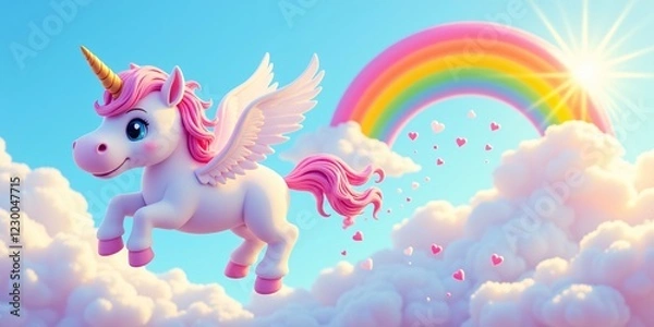 Obraz Magical winged unicorn soars above fluffy clouds, rainbow backdrop, hearts flutter; pure joy!