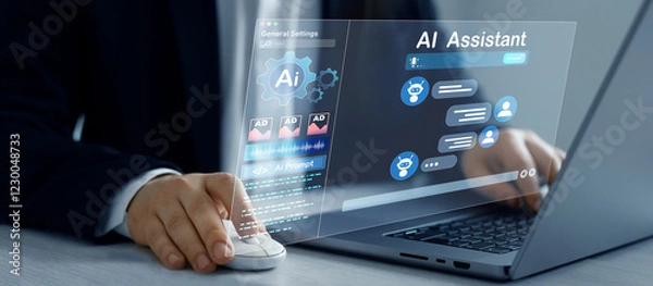 Fototapeta Virtual assistant, artificial intelligence Bot and CRM software automation technology. Chatgpt Chat with AI.Customer person using chat service to get support.Online support Chatbot conversation.