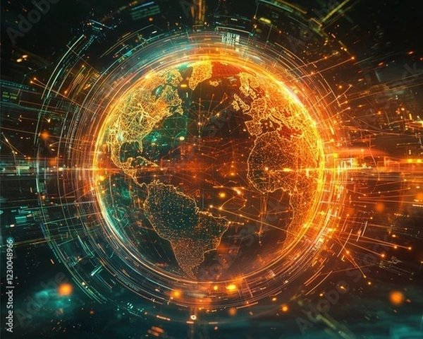 Fototapeta A vibrant digital representation of Earth, illuminated with orange and teal lights, symbolizing connectivity and technology.
