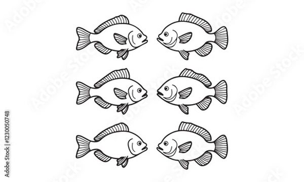 Fototapeta Black and white illustrations of fish in various poses for aquatic and wildlife designs