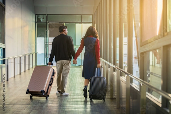 Obraz Back view of Happy Young asian couple with luggage walking hand in hand in an airport corridor signifies the joy of traveling together while going to boarding gate, Sunlight streams in. Copy Space