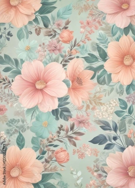 Fototapeta Retro-inspired floral pattern with swirling, seamless motifs in soft pastels, creating a dreamy atmosphere, floral, patterns