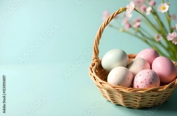 Fototapeta basket with colorful easter eggs and flowers on a clean background