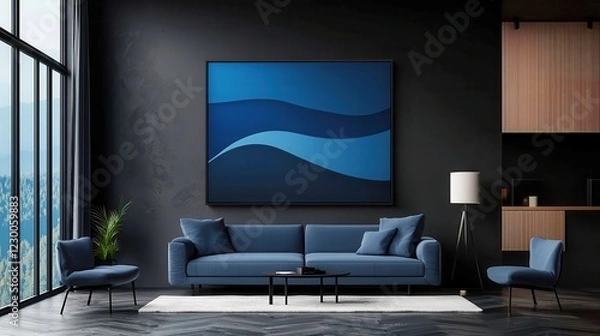 Fototapeta Mystical Deep Blue, an abstract exploration of vibrant ocean depths, featuring bold black outlines, solid colors, pop art influence, and a cool neon-lit palette.