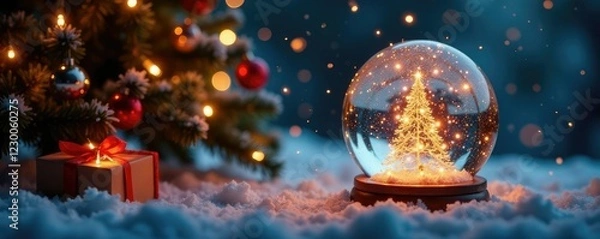 Fototapeta Sparkling snowflakes fall around a Christmas tree with a glowing wish list scroll, magical ambiance, presents, snow globe effect