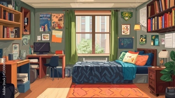Obraz A flat design vector of a college dorm room with neatly arranged furniture, bookshelves, and cozy decorations, colorful and detailed