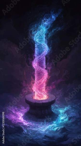 Fototapeta vibrant magical vortex spirals upward from stone pedestal, creating enchanting atmosphere