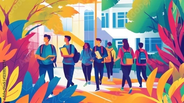 Fototapeta A vibrant vector illustration of college students walking to class, carrying books and backpacks, surrounded by a colorful campus environment