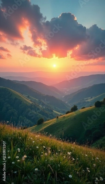 Fototapeta Serene landscape with rolling hills under a cloudy sky at sunrise, landscape, rolling hills, cloudy skies