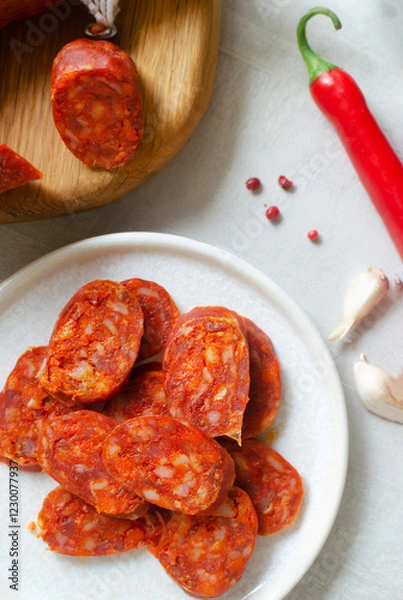 Fototapeta Slices of Spanish Chorizo sausage with red pepper, paprika and garlic on a small plate and ingredients. Traditional Mediterranean food concept. Vertical orientation. Selective focus. Top view