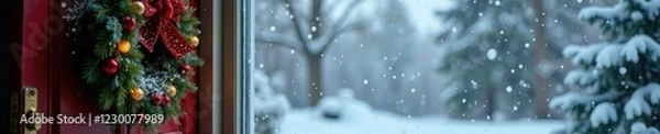 Fototapeta A frosty windowpane with snowflakes falling outside and a festive holiday wreath on the doorframe, winter wonderland, holiday decor