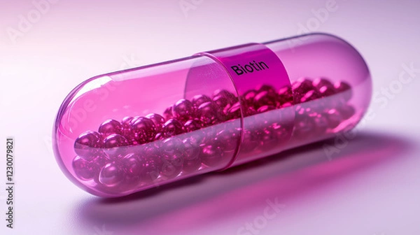Obraz Glossy pink-purple biotin capsules with transparent sections, containing vibrant beads inside, representing beauty, health, and wellness.