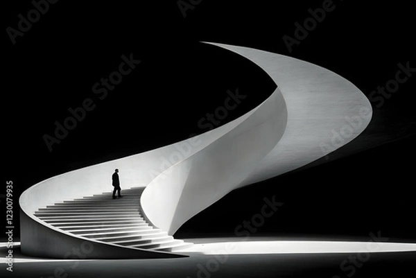 Obraz Man ascends modern spiral stairs, dark background, architectural design